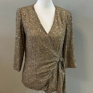 Chadwicks Beaded Sequin Wrap Top Champagne Gold Evening Blouse size 8P